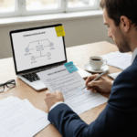 Exemple de note d’information papier tenue par un professionnel, avec annotations légales et schéma de communication interne sur ordinateur.